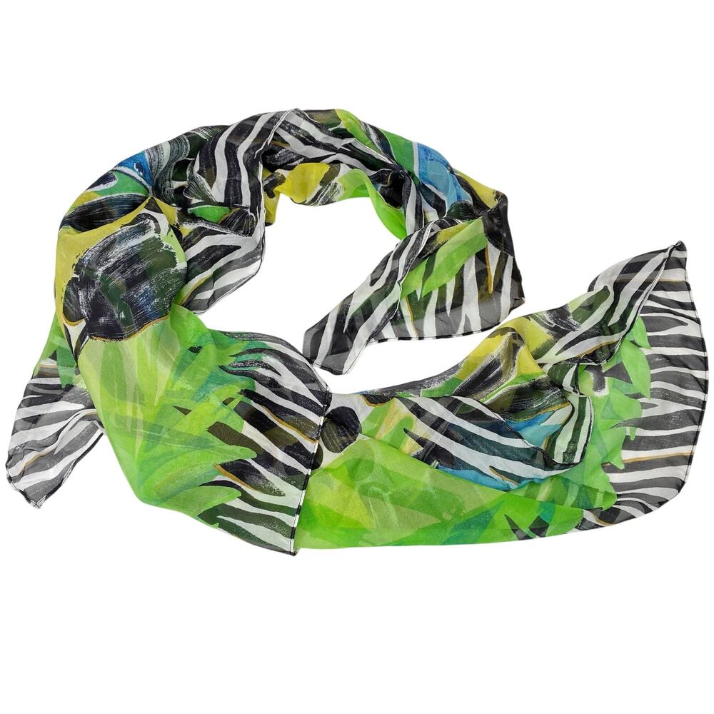 Flower Zebra Stripe Green Blue Yellow Semi- Sheer Scarf 41.5” Square